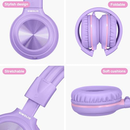 SIMOLIO Manyshare Series- Wired Headphones for Kids, Girls School Headphone with Microphone & Share Port & Volume Limit, Foldable Durable Over Ear Headsets for Tablet Travel Airplane Teens (Purple) - color: Medium Purple