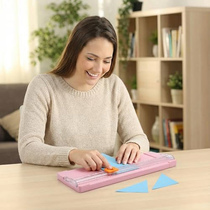 Paper Cutter, Pink Sliding Blade Trimmer with Clear Ruler and Grid Base for Cardstock, Photos, and Craft Projects, Compact Desktop Tool, 1 Pack