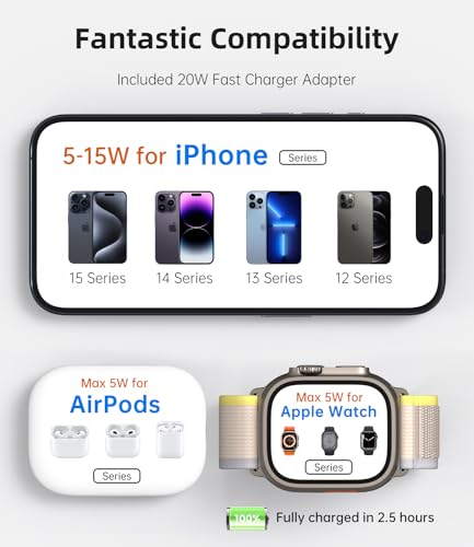 Foldable Magnetic Wireless Charger, KU XIU Aluminum Alloy 3 in 1 Charging Station for Apple, Fast Charging Travel Charger for iPhone 17 16 15 14 13, 5W for Apple Watch Ultra, AirPods, Leather Texture - color: Leather Texture