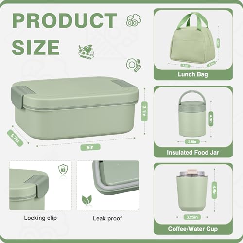 Bento Lunch Box Set with 10.5oz Soup Thermo Food Jar for Adults Kids, Stainless Steel Leak-proof Lunch Container, Coffee Tumbler with Lunch Bag for School Travel Office-Green - color: Green
