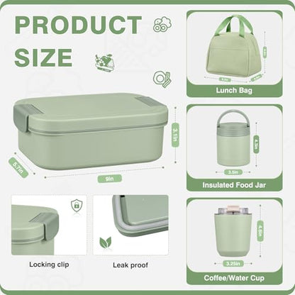 Bento Lunch Box Set with 10.5oz Soup Thermo Food Jar for Adults Kids, Stainless Steel Leak-proof Lunch Container, Coffee Tumbler with Lunch Bag for School Travel Office-Green - color: Green