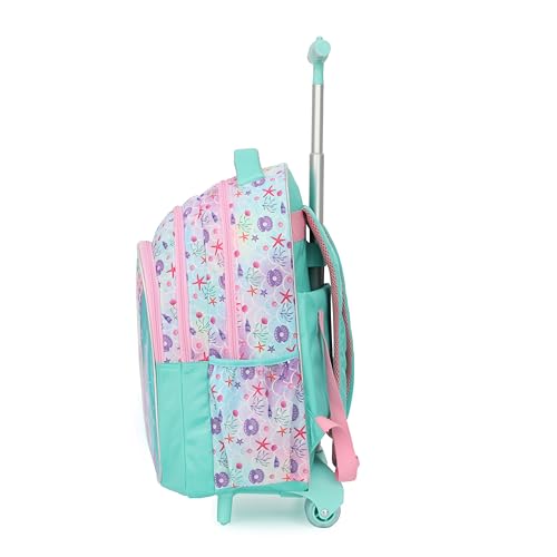 Cartoon Rolling Backpack for Boys Girls, Kids 5 Pcs Wheeled Backpack, Travel Backpack for Elementary Students (Mermaid Green) - color: Mermaid Green