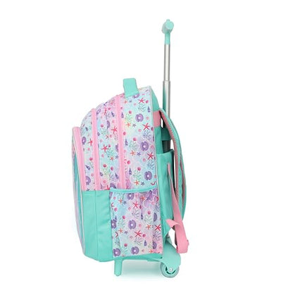 Cartoon Rolling Backpack for Boys Girls, Kids 5 Pcs Wheeled Backpack, Travel Backpack for Elementary Students (Mermaid Green) - color: Mermaid Green