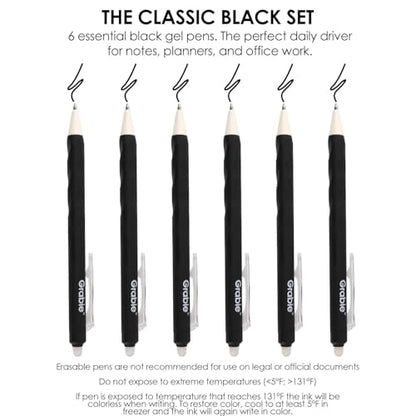 Grabie Erasable Gel Pens, 6 Black 0.7 mm Medium Point Pens | Rich Black Ink, Clean Erasing, Smooth Writing, Comfortable Grip, Quick Drying, Ideal For Students, Journaling - color: Black