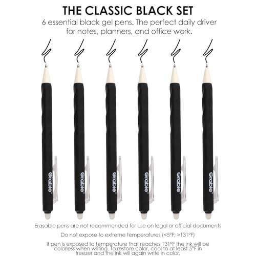 Grabie Erasable Gel Pens, 6 Black 0.7 mm Medium Point Pens | Rich Black Ink, Clean Erasing, Smooth Writing, Comfortable Grip, Quick Drying, Ideal For Students, Journaling - color: Black