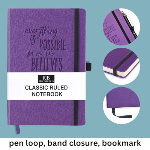 RICCO BELLO Lined Journal Notebook, Purple Inspiration, 5.7 x 8.4-Inch | Faux Leather Hardcover, College Ruled, 96 Sheets / 192 Pages, Pen Holder, For Work & Notes - color: Purple Inspiration