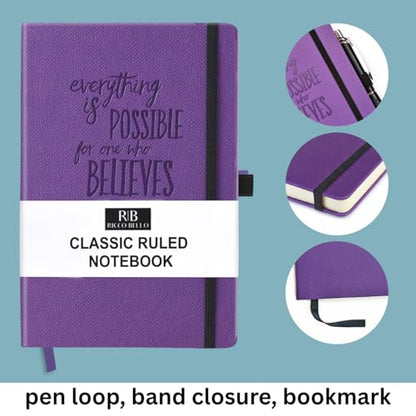RICCO BELLO Lined Journal Notebook, Purple Inspiration, 5.7 x 8.4-Inch | Faux Leather Hardcover, College Ruled, 96 Sheets / 192 Pages, Pen Holder, For Work & Notes - color: Purple Inspiration