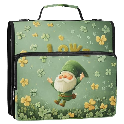 Golden Clover Gnome Zipper Binder 3 Ring 1.5 Inch School Binder Organizer with Shoulder Strap Handle File Folder Pockets Large Capacity Students Girl Boy Men Office Work - color: Golden Clover Gnome