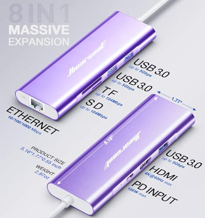 Hiearcool USB C Hub, USB C Dock with Ethernet, 4K@60 HDMI, Purple - color: Purple