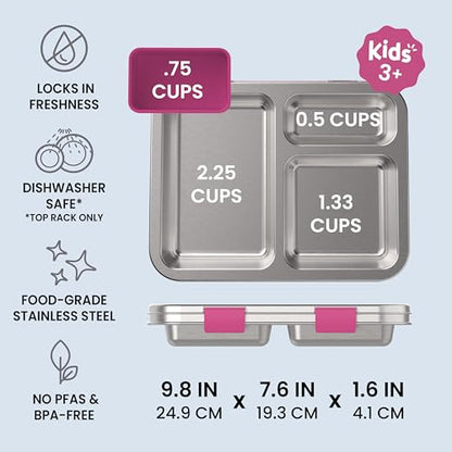Bentgo Kids Stainless Steel Leak-Resistant Lunch Box - 3-Compartments with Bonus Silicone Container, Durable, Eco-Friendly, Dishwasher Safe, BPA-Free, Ideal for School, Ages 3+ (Fuchsia) - color: Fuchsia