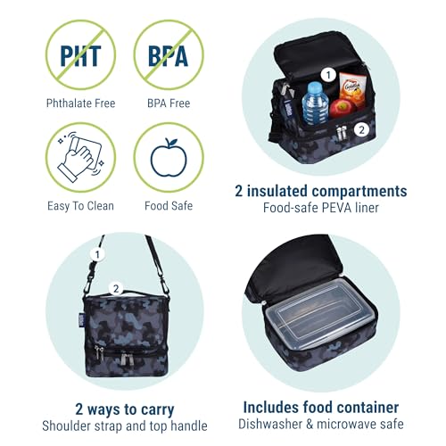 Wildkin Two Compartment Lunch Bag, Black Camo | Two-compartment, insulated lunch box — coordinates with matching Wildkin backpacks and water bottles - color: Black Camo
