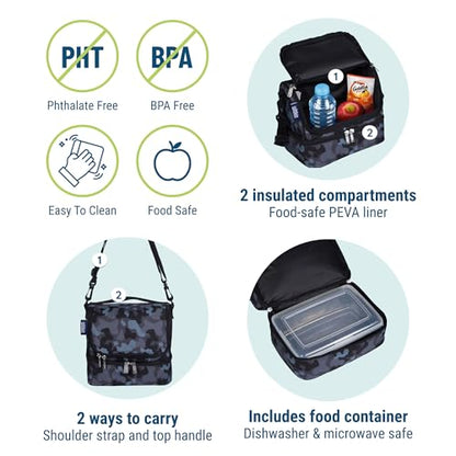 Wildkin Two Compartment Lunch Bag, Black Camo | Two-compartment, insulated lunch box — coordinates with matching Wildkin backpacks and water bottles - color: Black Camo