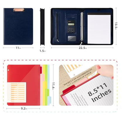 Ospelelf 3 Ring Portfolio Binder with Zipper, Leather Clipboard with Storage, Padfolio Folder for Men, 12.1” Tablet Sleeve, 5 Dividers with Pocket, Refillable Notepad, Card Slot (Navy Bule) - color: Navy Bule