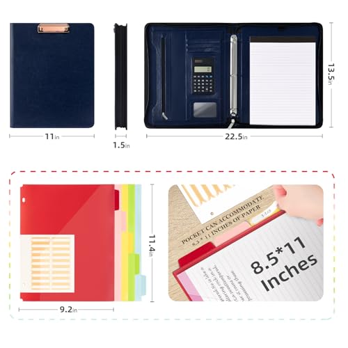 Ospelelf 3 Ring Portfolio Binder with Zipper, Leather Clipboard with Storage, Padfolio Folder for Men, 12.1” Tablet Sleeve, 5 Dividers with Pocket, Refillable Notepad, Card Slot (Navy Bule) - color: Navy Bule