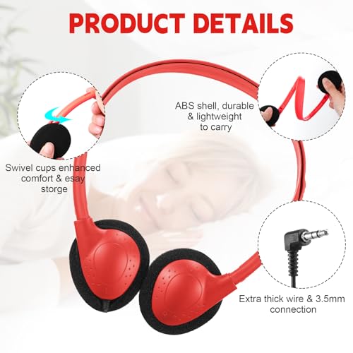 Konohan 30 Pack Headphones Bulk Headphone for School Classroom Student Wired Headphones Adjustable with 3.5 mm Jack for Adults (Red) - color: Red