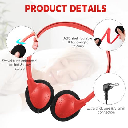 Konohan 30 Pack Headphones Bulk Headphone for School Classroom Student Wired Headphones Adjustable with 3.5 mm Jack for Adults (Red) - color: Red