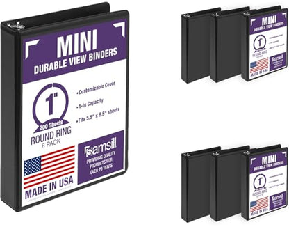Samsill Economy 1 Inch Mini 3 Ring Binder, Round Ring Binder, Holds 5.5 x 8.5 Inch Documents, Customizable Cover, 1" View, 6-Pack, Black - color: Black, size: 1" View, style: 6-Pack