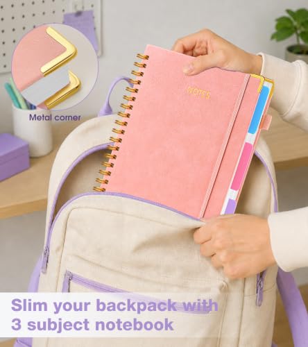 JASLEKO 3 Subject Notebook College Ruled with Dividers Tabs, 100 GSM Leather Hardcover Spiral Notebooks for School Work, 240 Pages Large Cute Notebook Journal for Women Men, College Students,Pink - color: Pink