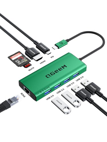 QGeeM USB C Hub Ethernet,9 in 1 USB Type C Hub HDMI Multi-Port Converter Adapter,100W Pd, USB 3.0,SD/TF Card Reader,Compatible for MacBook Pro Air Ipad HP Dell Lenovo Chromebook etc.-Green - color: Green