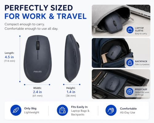 PHILIPS Wireless Mouse, USB-C Rechargeable, Silent, 3-Device | Morandi Design, 5 Programmable Buttons, Bluetooth & 2.4GHz, Laptop, MacBook, iPad, Windows, Multi-Device Switching