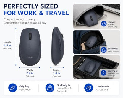 PHILIPS Wireless Mouse, USB-C Rechargeable, Silent, 3-Device | Morandi Design, 5 Programmable Buttons, Bluetooth & 2.4GHz, Laptop, MacBook, iPad, Windows, Multi-Device Switching