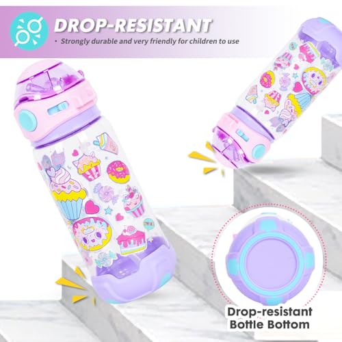 Kids Water Bottle with Straw/Lanyard for School Kids Girls Boys, 22oz BPA Free Child Drinking Water Bottle One-Click-Open Leak-Proof Locking Flip Lid for School Sport Travel - color: H09. Dessert