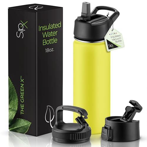 SipX™ 18 oz Insulated Water Bottle with 3 Lids – Leakproof Stainless Steel, Triple Insulated – Cold 24 Hours/Hot 12 Hours – Durable Bottle for School, Gym, Travel – Yellow - color: Yellow, size: 18 Ounces