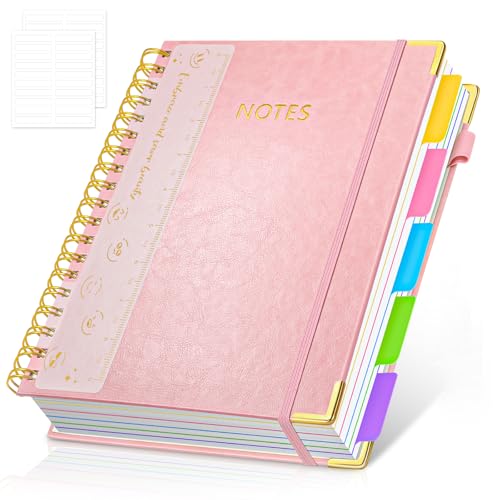 Hardcover Spiral Notebook Journal with Removable PVC Dividers - 8'' x 10'' Large 300 Page B5 Hardcover Leather College Lined Journals Notebook for Work Note Taking Office Home School Supplies, Pink - color: Pink