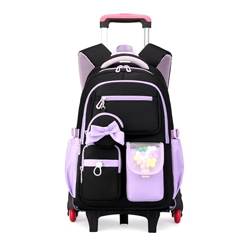 Rolling Backpack for Girls Kids Backpack with Wheels Cute Girls Trolley Bags Rolling School Bag for Elementary Middle - color: Black+purple 6 Wheels