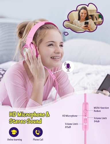 Voopwink Kids Headphones with Microphone, Wired Over Ear Headsets with Limited Volume 85dB/ 94dB for Boys Girls Teens Children Online School/Travel/iPad/Tablet/Cellphone - color: Rose Pink, size: Plug 3.5mm
