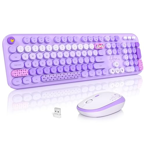 Wireless Keyboard and Mouse, Typewriter Full Size Keyboard with Number Pad and 2 in 1 USB Connected Mouse for Windows 7/8/10, Laptop, Desktop, PC, Computer (Purple Colorful) - color: Purple Mixed