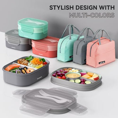 2 Layers Bento Box, All-in-One Stackable Lunch Container with Compartments, 64oz Leakproof Microwave Safe Dishwasher Safe Bento Box with Lunch Bag and Utensil Set for Kids and Adults - color: Gray
