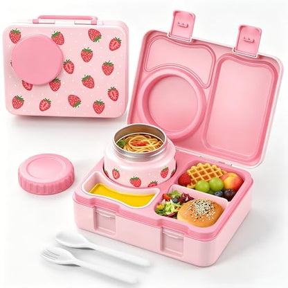 Kids Lunch Box with Thermo, Leakproof Bento Box for Kids with 8OZ Insulated Food Jar, Ice Pack, Sauce Cup, Utensils, Removable Tray & Dividers for School Daycare Travel (Strawberries) - color: Strawberries