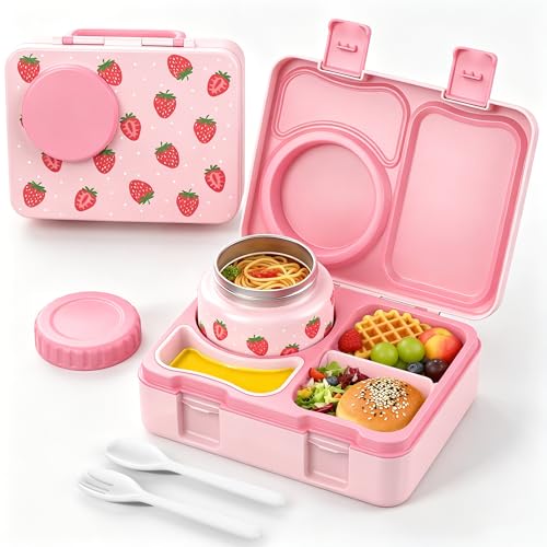 Kids Lunch Box with Thermo, Leakproof Bento Box for Kids with 8OZ Insulated Food Jar, Ice Pack, Sauce Cup, Utensils, Removable Tray & Dividers for School Daycare Travel (Strawberries) - color: Strawberries