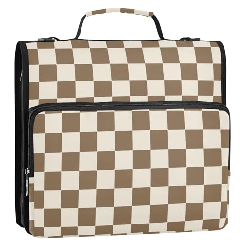Brown Beige Checkered Zipper Binder 3 Ring 1.5 Inch Binder Organizer Bag 500 Sheets Capacity Multi-Pocket with Shoulder Strap for School Office