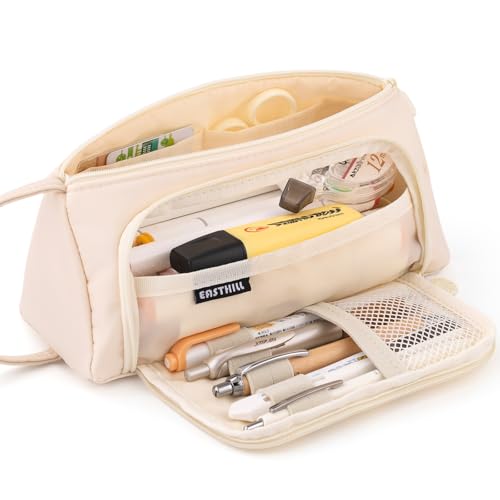 EASTHILL Big Capacity Pencil Case Pouch Pen Case Simple Stationery Bag School College Office Organizer for Teens Girls Adults Student - color: Cream