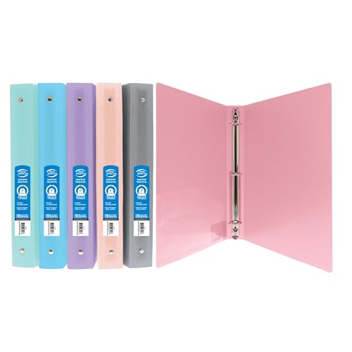 BAZIC Products 1" Pastel Color Poly 3-Ring Binder, 1 Pocket, 6-Set | round rings, 1 in pastel color poly 3-ring binder, 1 inside pocket, holds up to 175 sheets, Durable poly - color: Pastel, size: 6-Pack