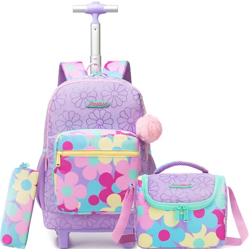 Rolling Backpack for Girls,Backpack with Wheels for Girls Kids Wheeled School Bag Set with Lunch Bag & Pencil Case,Flower Print Elementary Trolley Bookbag for Travel - color: Purple Flower
