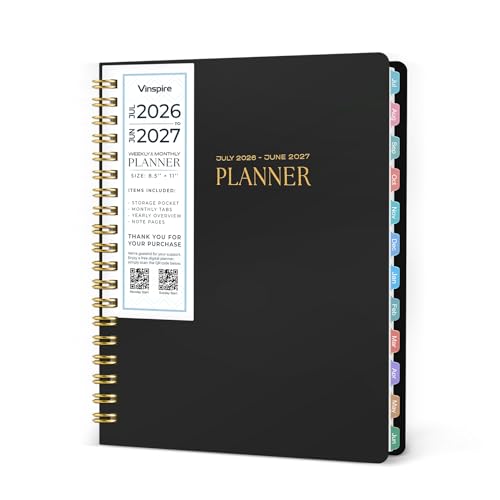 Vinspire 2026 Planner - Yearly, Monthly, and Weekly Planner 2026-2027 for Teachers & Students - Spiral US Academic Year Student Calendar Planners with Notes Pages 2026 Planner Weekly and Monthly - Large (Black, 8.5"×11") - size: 8.5"×11"