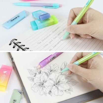 Buqoo Mechanical Pencil Set, 5PCS 0.5mm Cute Pastel Mechanical Pencils, 3 Candy Jelly Gradient Eraser with 80PCS HB 0.5 Lead Refill and Zipper Bag Pencil Kit for Art, Drawing Pencils for Sketching - color: Rainbow