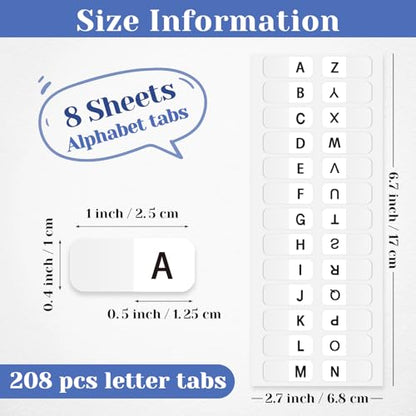A-Z Sticky Alphabet Tabs Self-Adhesive Letter Index Tabs for Notebook, Textbook, Dictionary, and Filing (208 Pcs) - color: White