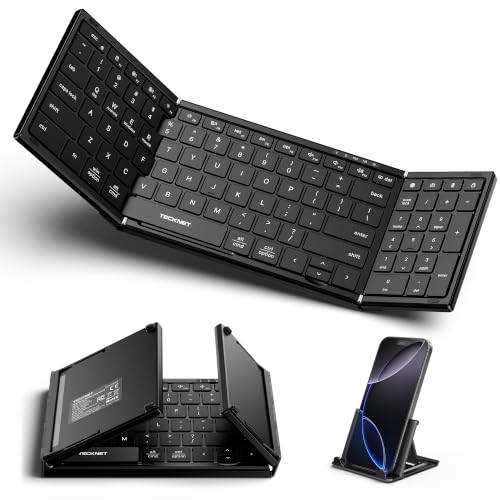 TECKNET Wireless Foldable Bluetooth Keyboard, Rechargeable Portable Keyboards for Travel with Number Pad, Full-Size Connect Up to 3 Devices for iPad Tablet Smartphone Laptop PC Windows iOS Android