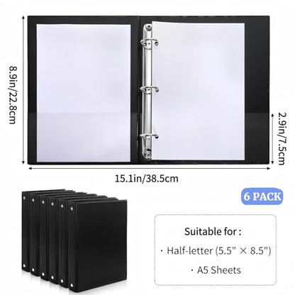 6 Pack Mini 3 Ring Binder Fits 5.5'' × 8.5'' Paper Size, 1 Inch Junior Round Ring Binder with 2 Clear Pockets, Small Black Binders for Home, School & Office, Holds A5, Half Letter Size Paper