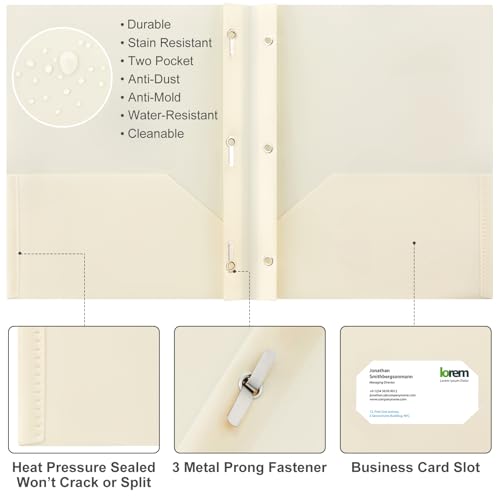 Cholemy 72 Packs Pocket Folders with Prongs Heavy Duty Plastic Folder with Business Card Slot 3 Prong Fasteners for School Office (Beige) - color: Beige