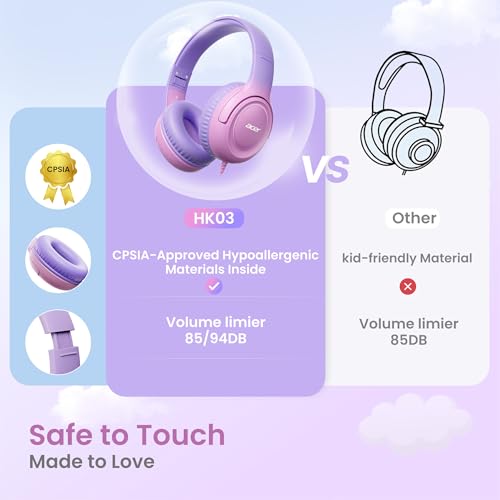 Acer Kids Headphones - 85/94dB Volume Limiter, Foldable Wired Over Ear Headphones for Travel, 3.5mm Jack, Toddler Headphones for School, Travel, iPad, Tablet, Purple Pink, HK03 - color: Purple-Pink Gradient
