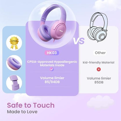 Acer Kids Headphones - 85/94dB Volume Limiter, Foldable Wired Over Ear Headphones for Travel, 3.5mm Jack, Toddler Headphones for School, Travel, iPad, Tablet, Purple Pink, HK03 - color: Purple-Pink Gradient
