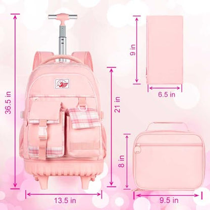 AGSDON Rolling Backpack for Girls, 21" Women Roller Wheels Bookbag, Laptop Wheeled Suitcase School Backpacks with Lunch Bag for Teens - color: Square Pink