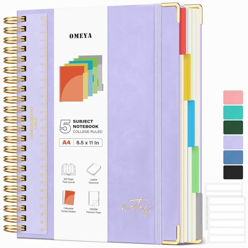 Hardcover Spiral Notebook 8.5" x 11": Leather 5 Subject Notebooks College Ruled with Pocket Dividers & Ruler, 300 Pages 100GSM Thick Writing Journal for Women, Large A4 Lined Notebooks for Work School - color: Purple, size: A4