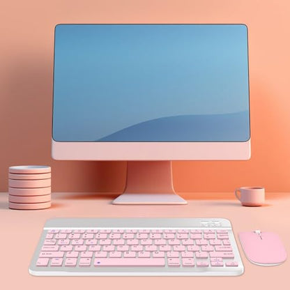 Rechargeable Bluetooth Keyboard and Mouse Combo, Universal Ultra-Slim Wireless Keyboard Mouse Set for Android Windows iPad iPhone Samsung Tablet Portable Compact Keyboard Set (Pink) - color: Pink