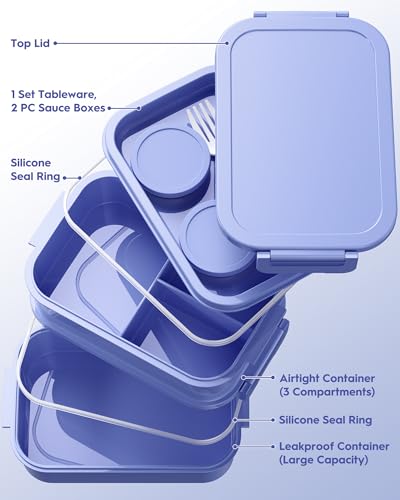 Adults Bento Box with Insulated Lunch Bag, 74oz Capacity 3 Stackable Leak-Proof Bento Box Built-In Utensil and Sauce, PFAS & BPA-Free, Microwave & Dishwasher Safe (Mist Purple) - color: Mist Purple